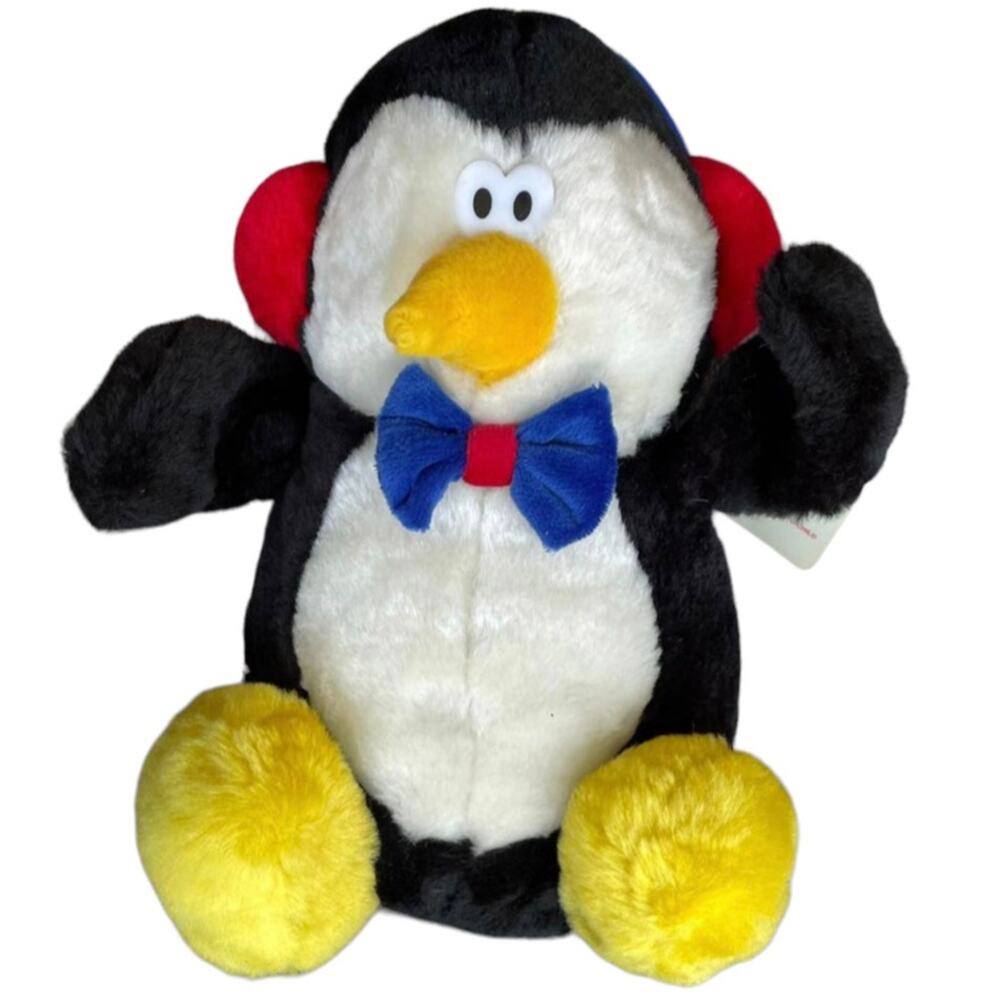 Vintage 90s HugFun Penguin Plush Ear Muffs Bow Tie Stuffed Animal w/ TAGS READ